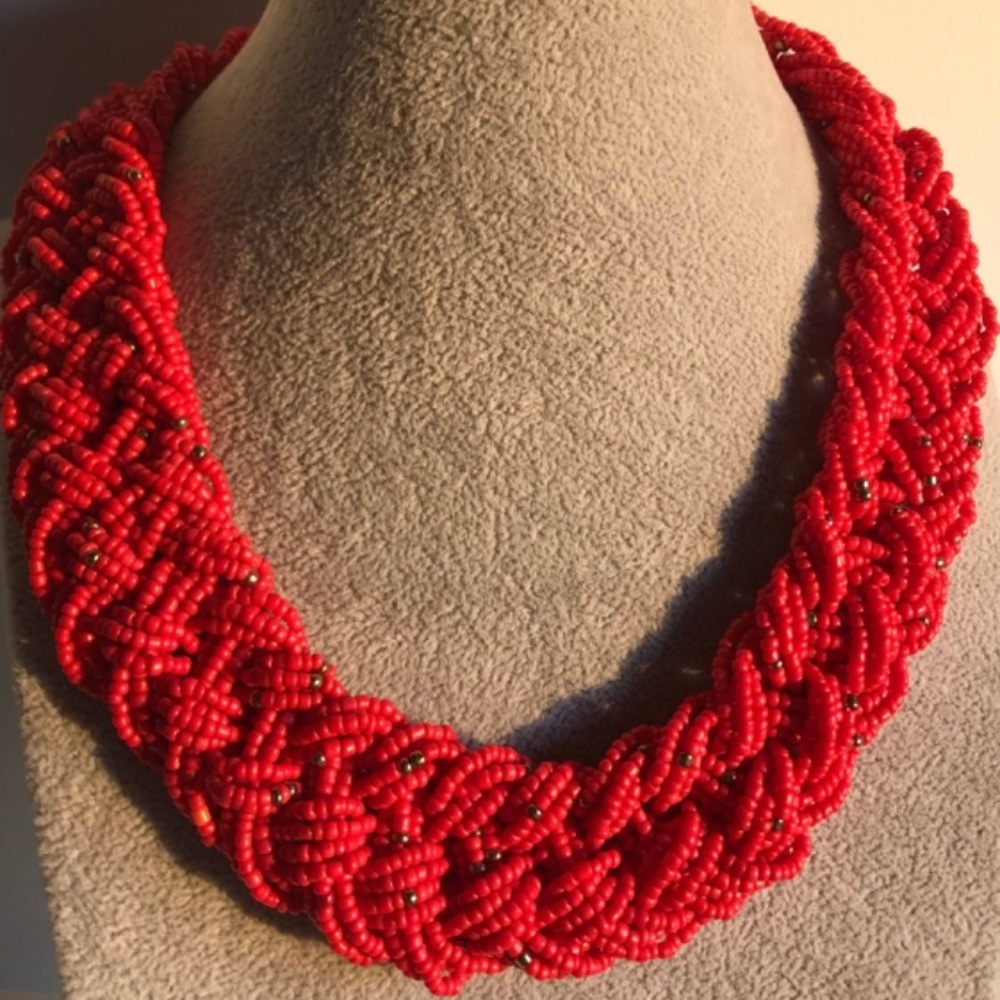 Red Statement Beaded Strand Braided Seed Bead Collar Necklac